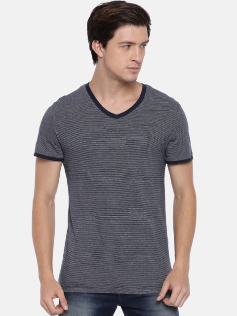 

Jack & Jones Men Navy Striped V-Neck T-shirt, Navy blue