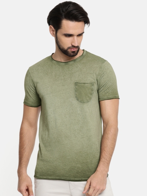 

Jack Jones Men Olive Green Dyed Round Neck Pure Cotton T-shirt