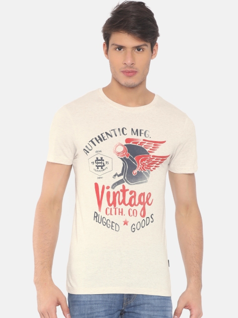 

Jack Jones Men Beige Printed Round Neck Pure Cotton T-shirt