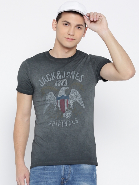 

Jack & Jones Men Charcoal Printed Round Neck T-shirt