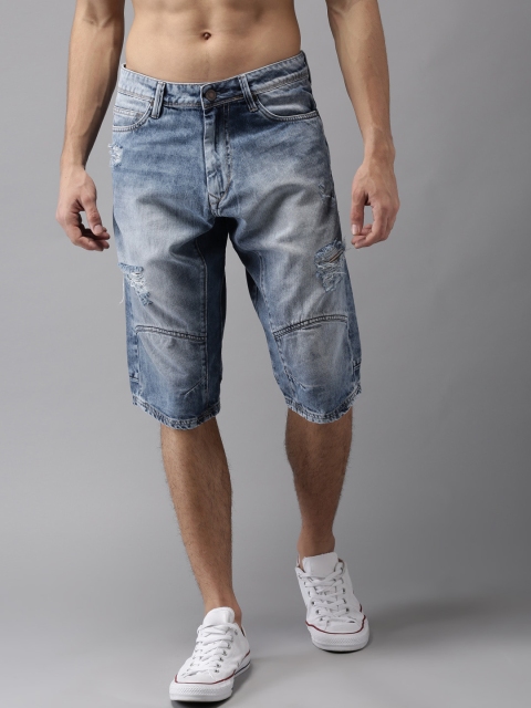 

HERE&NOW Men Blue Solid Regular Fit Distressed Denim Shorts