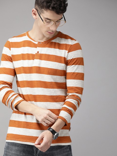 

Jack & Jones Men Orange & Off White Slim Fit Striped Henley Neck T-shirt