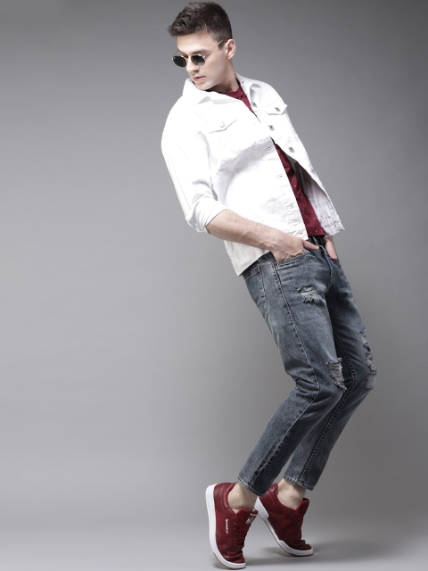 

HERE&NOW Men Navy Blue Slim Tapered Fit Mid-Rise Cropped Mildly Distressed Jeans