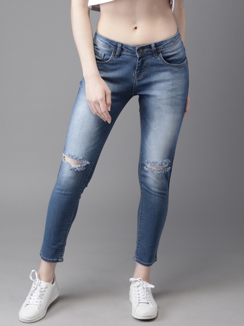 

HERE&NOW Women Blue Slim Fit Low-Rise Cropped Mildly Distressed Stretchable Jeans