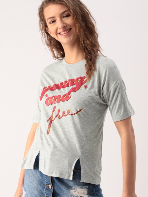 

DressBerry Women Grey Melange Printed Round Neck T-shirt