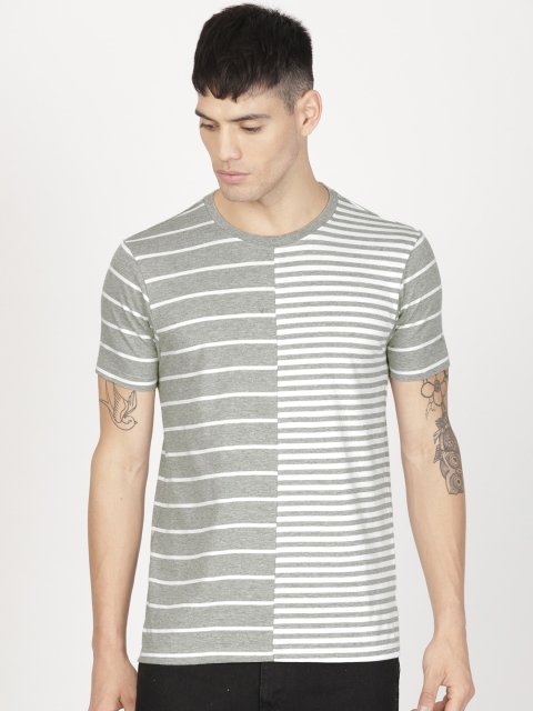 

ether Men Grey Melange White Striped Round Neck Pure Cotton T-shirt