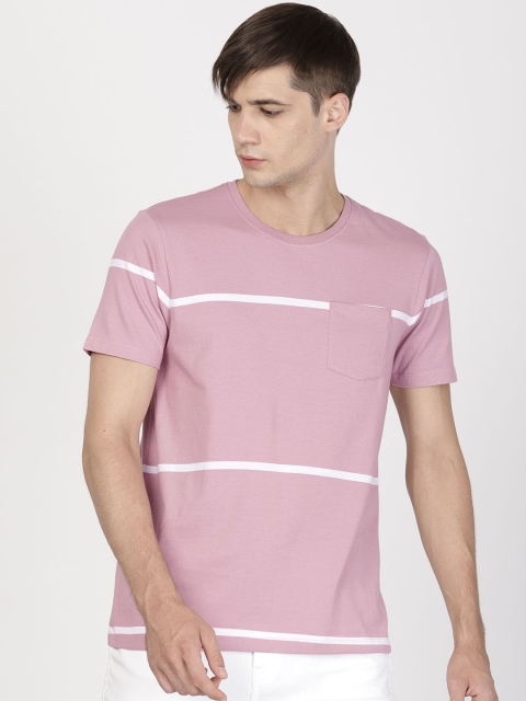 

ether Men Pink & White Striped Round Neck T-shirt