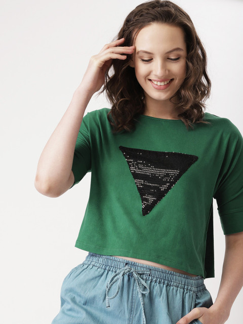 

DressBerry Women Green Sequinned Round Neck Crop T-shirt