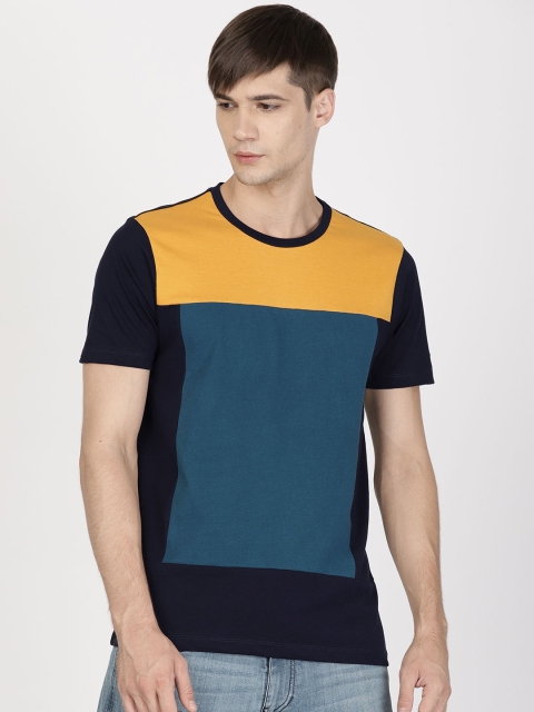

ether Men Mustard Yellow & Navy Blue Colourblocked Round Neck T-shirt