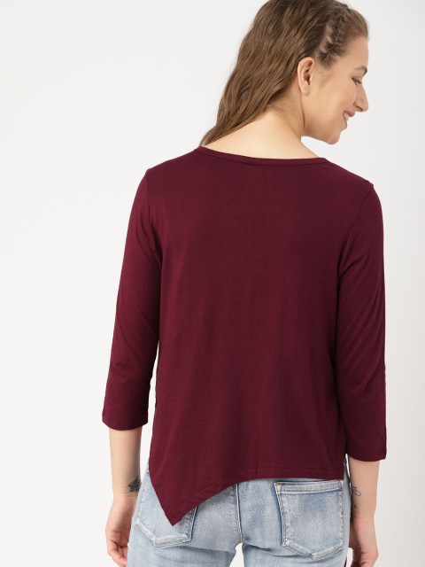 

DressBerry Women Burgundy Printed Round Neck Asymmetric T-shirt