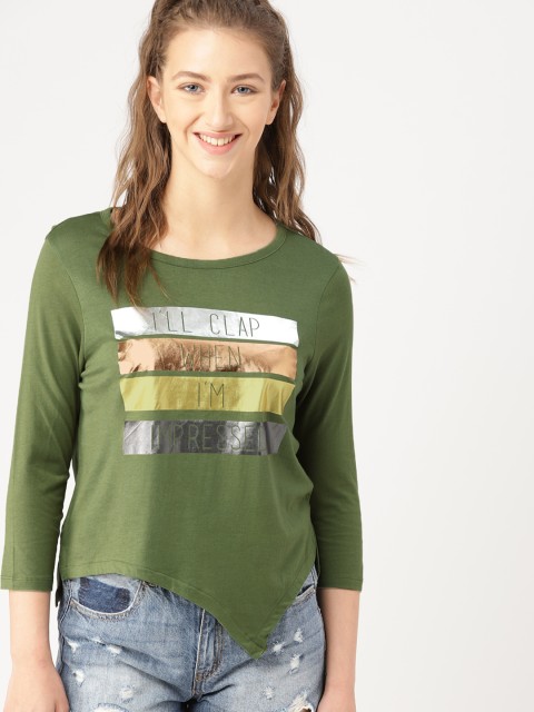 

DressBerry Women Olive Green Printed Round Neck Asymmetric T-shirt