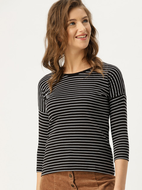 

DressBerry Women Black White Striped Round Neck Pure Cotton T-shirt