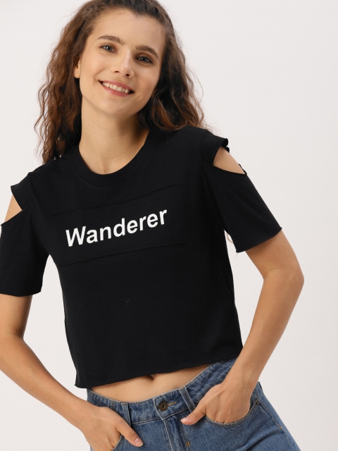 

DressBerry Women Black Printed Round Neck Cold Shoulder T-shirt