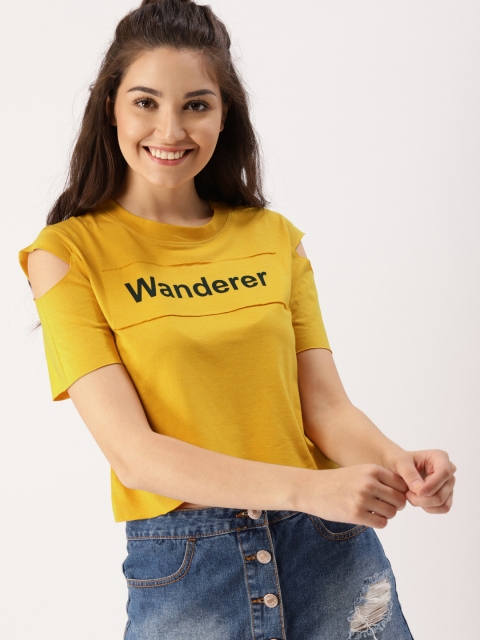 

DressBerry Women Mustard Yellow Printed Cold-shoulder Top