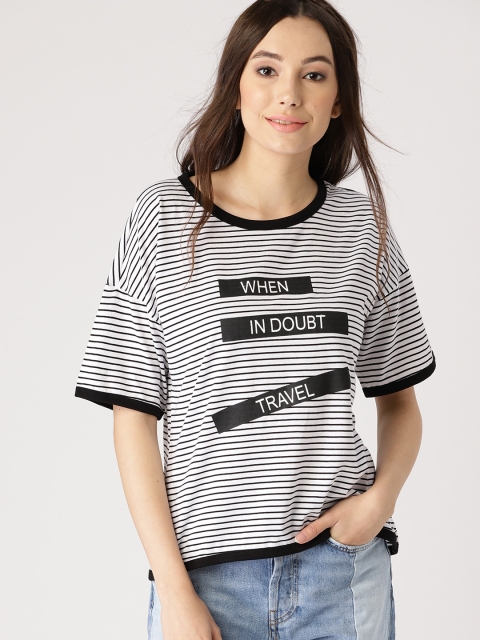 

DressBerry Women White & Black Striped Round Neck T-shirt
