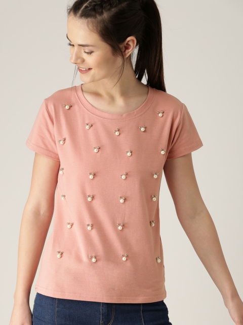 

DressBerry Women Pink Solid Round Neck Embellished Top