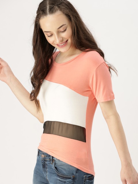 

DressBerry Women Peach-Coloured & Off-White Colourblocked Top