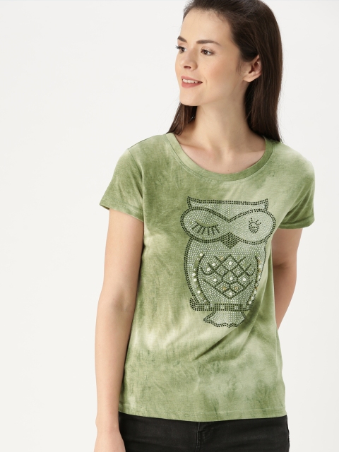 

DressBerry Women Green Dyed Embellished Round Neck T-shirt