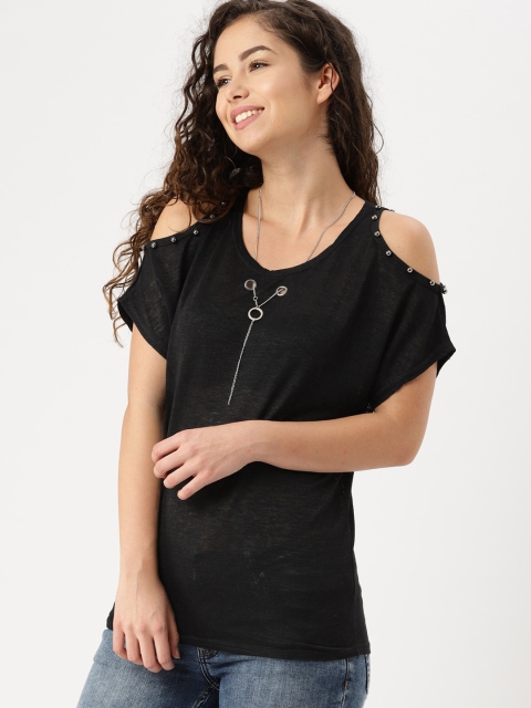 

DressBerry Women Black Solid Embellished Cold-shoulder Top