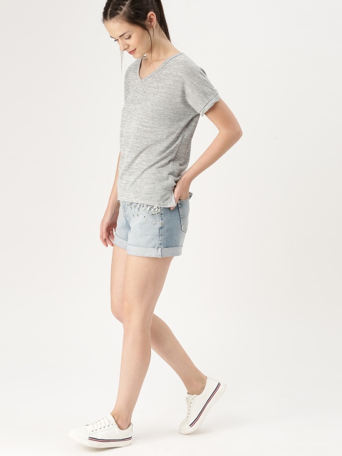 

DressBerry Women Grey Melange Solid V-Neck High-low Top