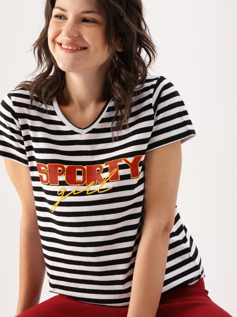 

DressBerry Women Black & White Striped V-Neck T-shirt