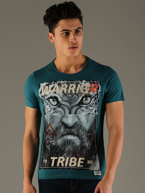 

Flying Machine Men Teal Blue Printed Round Neck T-shirt