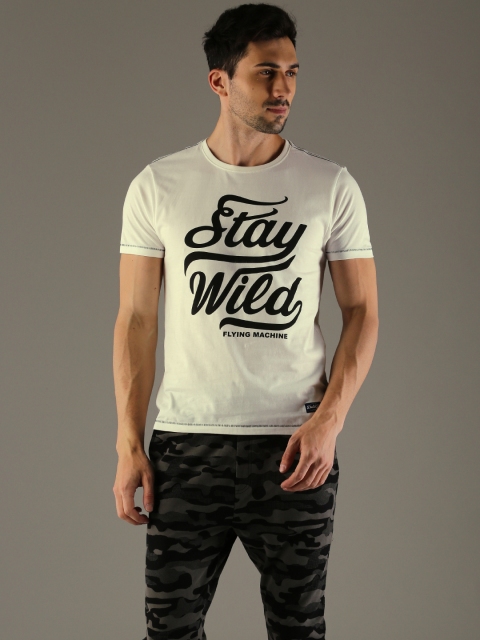 

Flying Machine Men White Printed Round Neck Pure Cotton T-shirt
