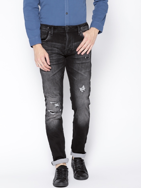 

Jack & Jones Men Black Tim Slim Fit Mid-Rise Low Distress Stretchable Jeans