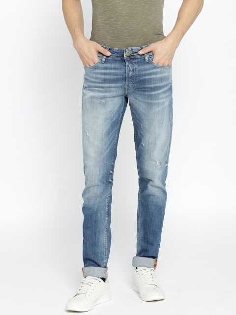 

Jack & Jones Men Blue Slim Fit Mid-Rise Low Distress Stretchable Jeans