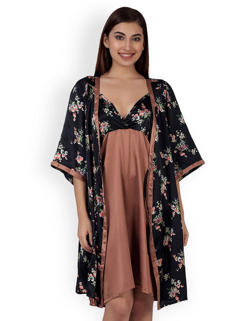 

Clovia Black & Brown Printed Nightdress with Robe NS0983M13