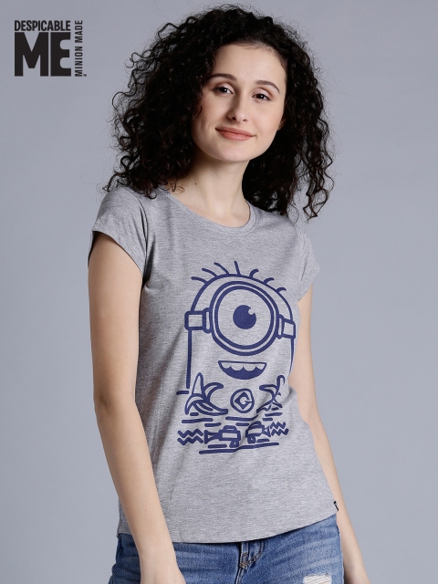 

Minions by Kook N Keech Women Grey Melange Printed Round Neck T-shirt