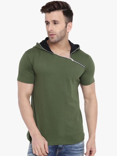 

GRITSTONES Men Olive Green Solid Hood T-shirt