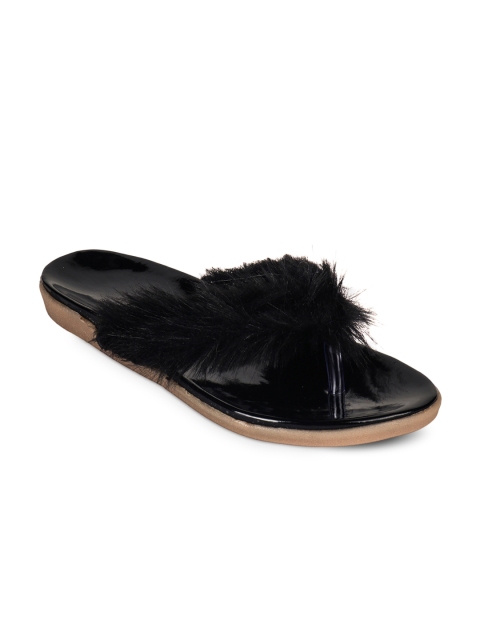 

Shoetopia Women Black Solid Faux Fur Open Toe Flats