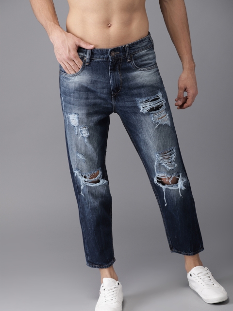 

HERE&NOW Men Blue Straight Fit Mid-Rise Cropped Highly Distressed Jeans