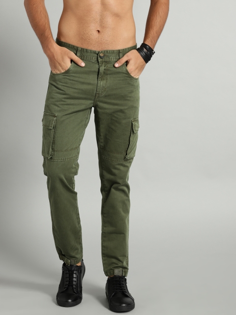 

Roadster Men Olive Green Regular Fit Solid Cargos