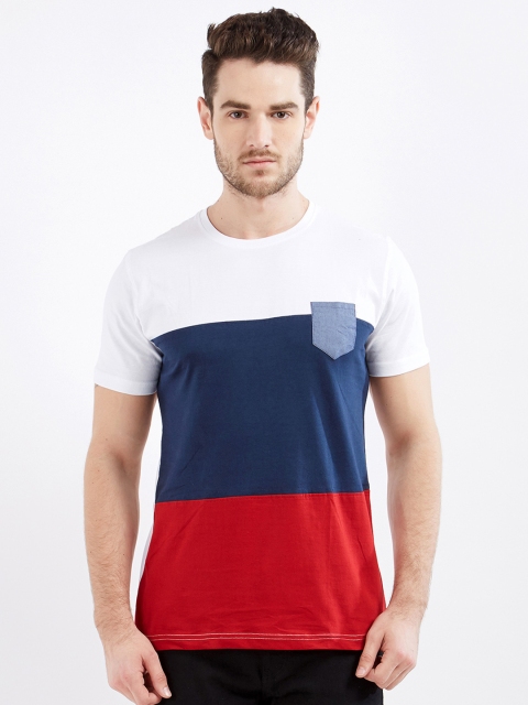 

Maniac Men White & Navy Blue Colourblocked Round Neck T-shirt
