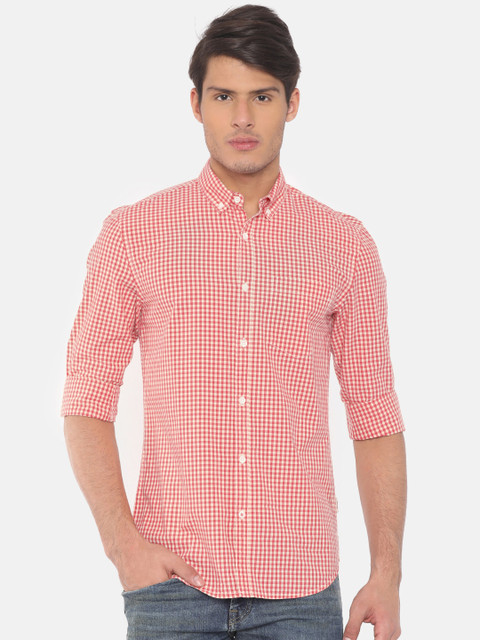 

Jack & Jones Men Pink & Cream-Coloured Slim Fit Checked Casual Shirt