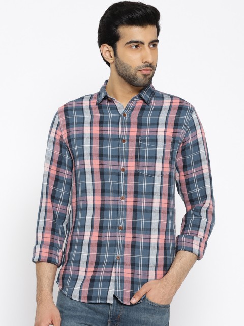 

Jack & Jones Men Blue & Pink Slim Fit Checked Casual Shirt