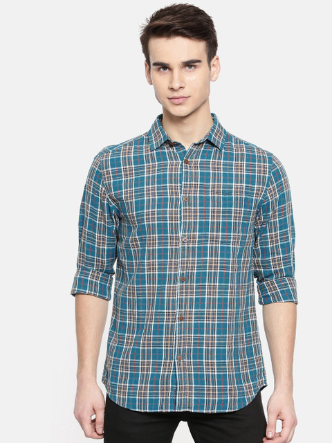 

Jack & Jones Men Teal Blue & Brown Slim Fit Checked Casual Shirt