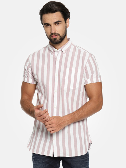 

Jack & Jones Men White & Mauve Slim Fit Striped Casual Shirt