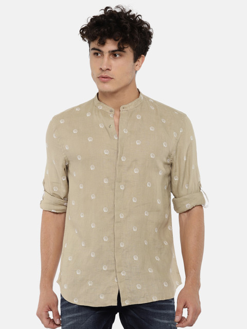 

Jack & Jones Men Beige Linen Slim Fit Embroidered Casual Shirt