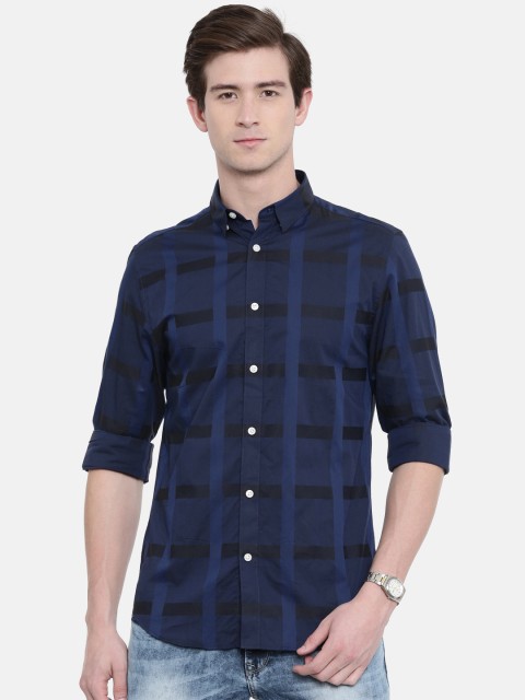 

Jack & Jones Men Navy & Black Slim Fit Checked Casual Shirt, Navy blue