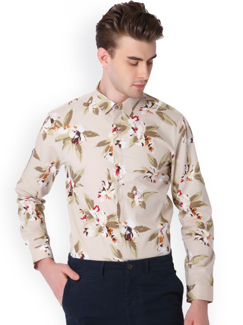 

Jack & Jones Men Beige & Green Slim Fit Printed Smart Casual Shirt