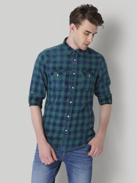 

Jack & Jones Men Green & Navy Blue Regular Fit Checked Casual Shirt