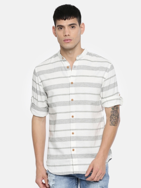 

Jack & Jones Men Green & White Slim Fit Striped Casual Shirt