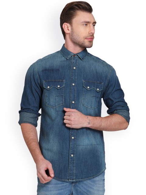 

Jack & Jones Men Blue Regular Fit Faded Denim Casual Shirt with Printed Back