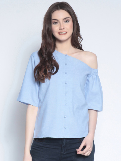 

RARE Women Blue Solid Pure Cotton Top