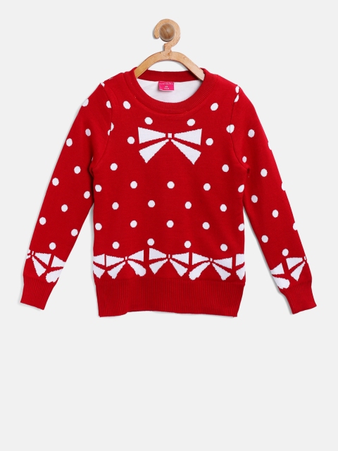

Tiny Girl Red & White Self-Design Pullover
