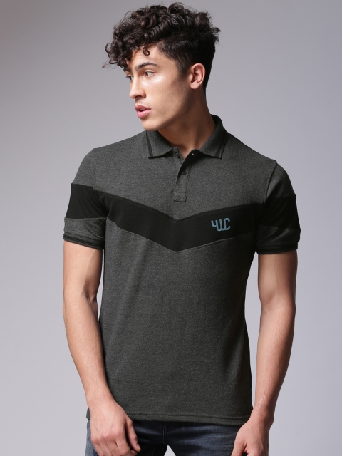 

YWC Men Charcoal Black Solid Polo Collar T-shirt