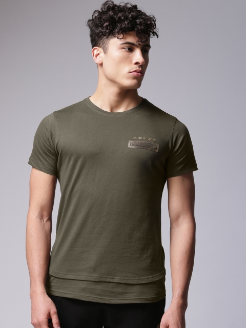

YWC Men Olive Green Solid Round Neck T-shirt